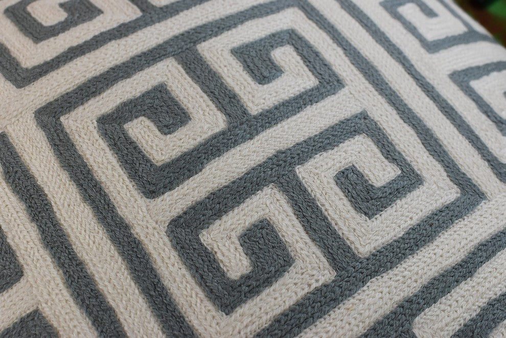 Greek Key Geometric Ivory Gray Accent Pillow Cover Handembroidered Wool 20x20"