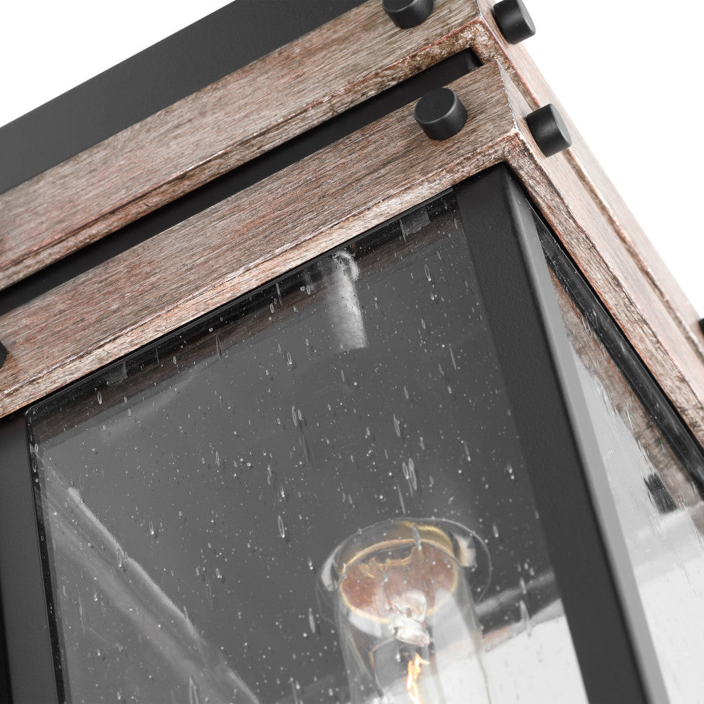 Homestead 1-Light Large Wall Lantern, Matte Black/Wood/Clear Seed