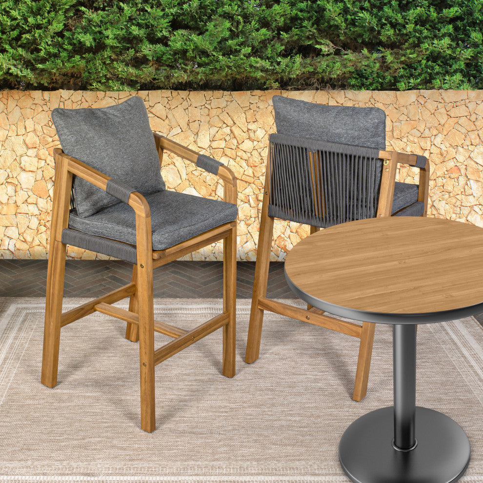 Modern Tub Roped Acacia Wood Outdoor Bar Stool With Cushions, Armrests, Set of 2