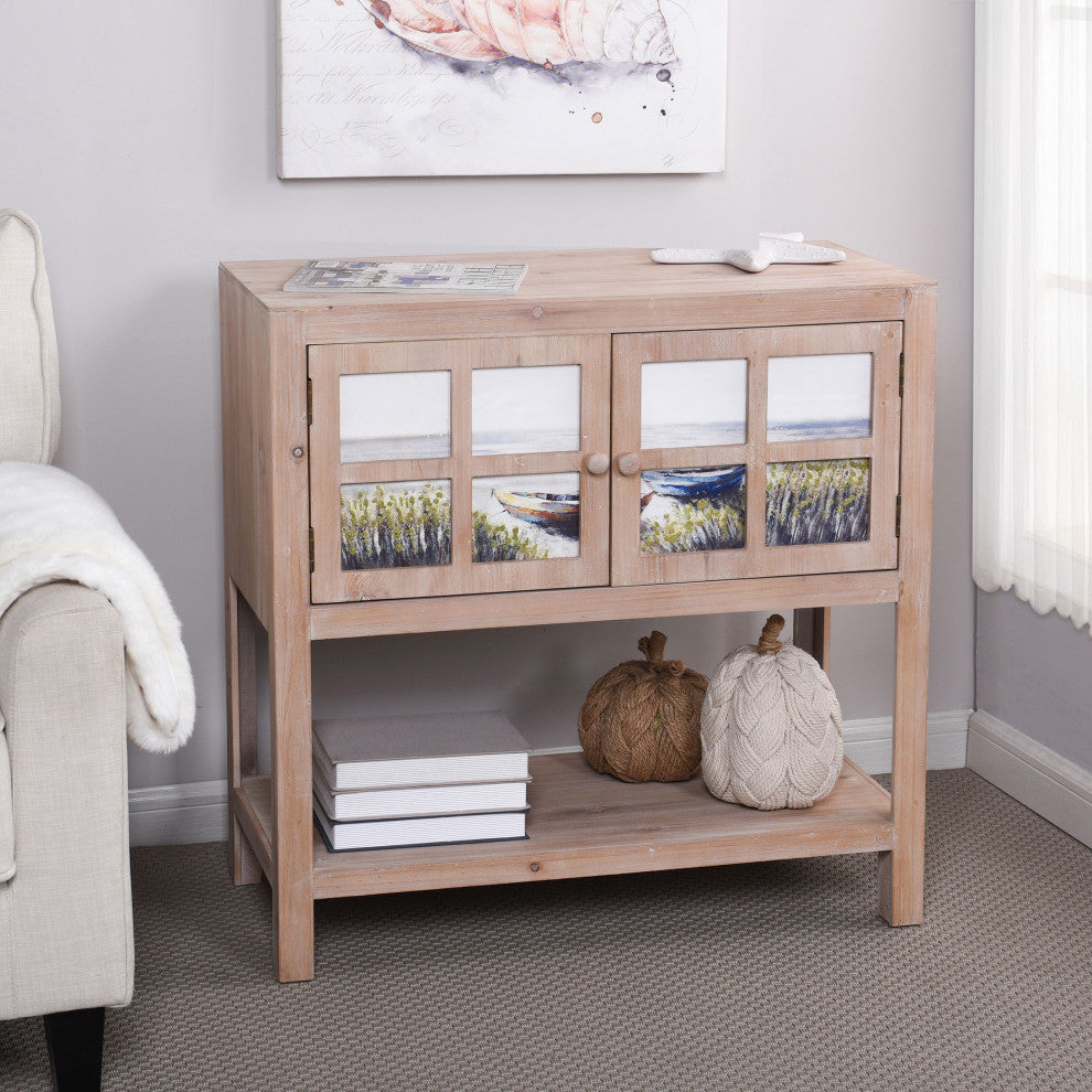 Painted Two Door Fir Wood Cabinet Natural Finish Boat Scene