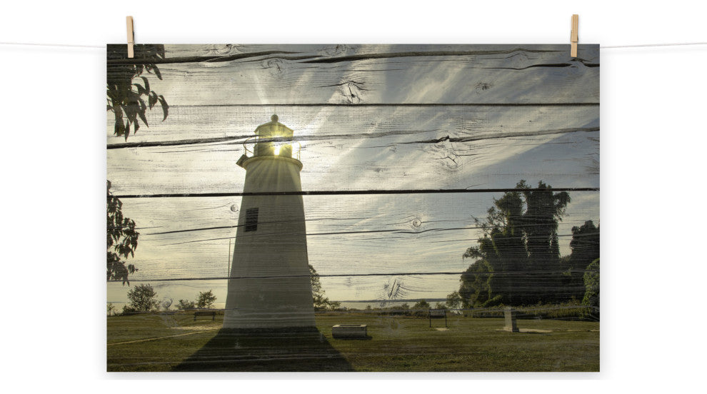 Faux Rustic Reclaimed Wood Turkey Point Lighthouse Unframed Wall Art Prints, 18" X 24"