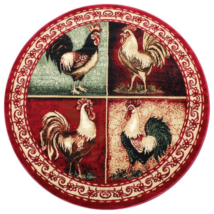 Gallus Collection Rooster Themed Olefin Area Rug, Red, 6' X 6'