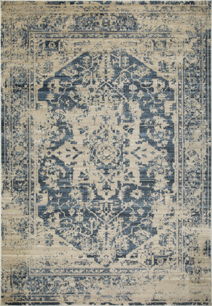 2"x8" Beige Blue Distressed Medallion Runner Rug