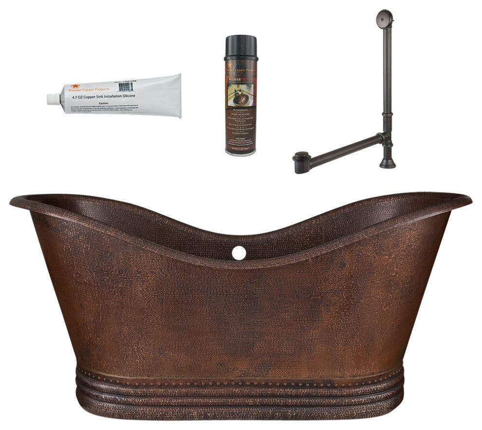 67" Hammered Copper Double Slipper Bathtub, Overflow Holes & Drain Package
