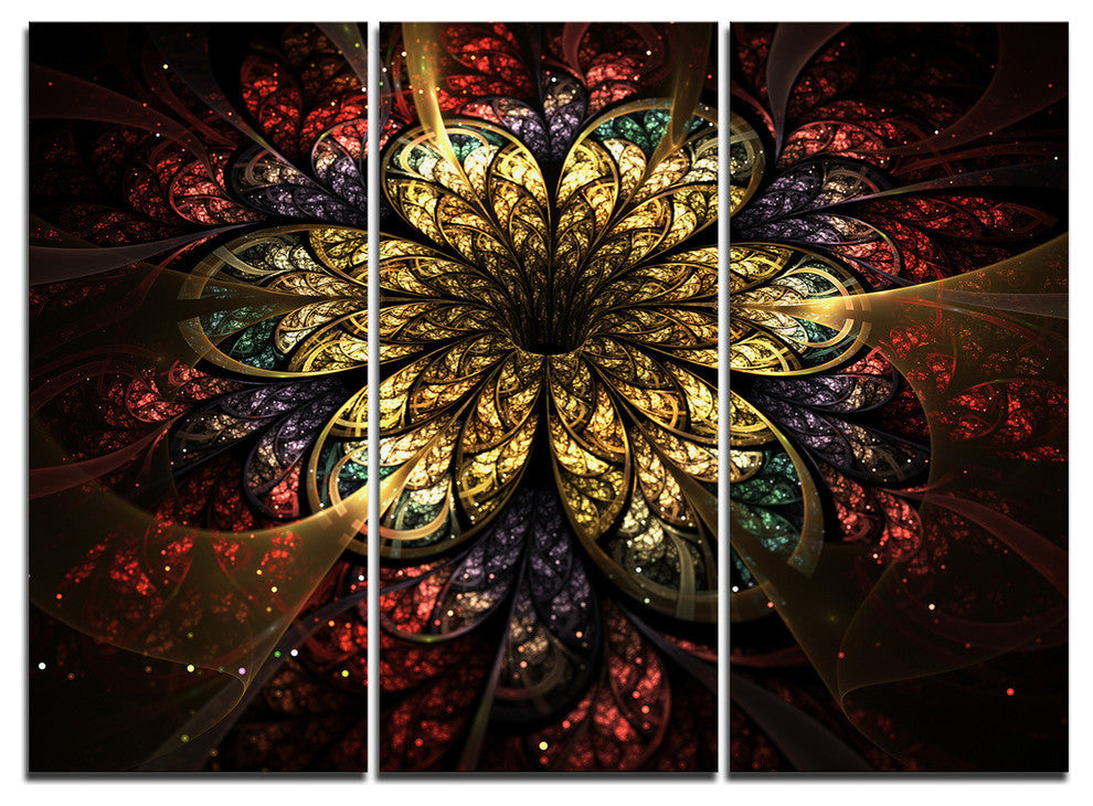 "Fractal Flower Yellow Red Digital Art" Metal Wall Art, 3 Panels, 36"x28"