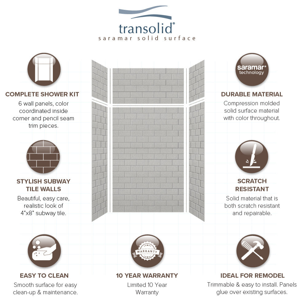 Transolid SaraMar 48"x36"x96" 6-Piece Shower Wall Kit with Extension, Grey Beach