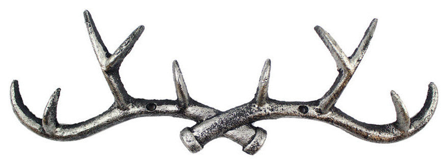 Rustic Silver Cast Iron Antler Wall Hooks 15"
