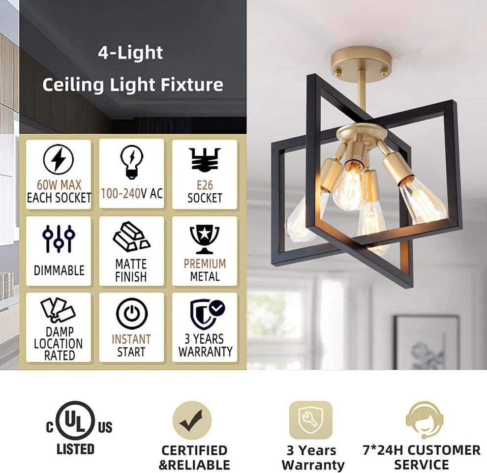 4 Light Industrial Ceiling Light Fixture Black and Gold Rectangle Flush Mount