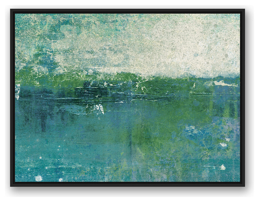 Blue Green Coastal Abstract 30x40 Black Floating Framed Canvas