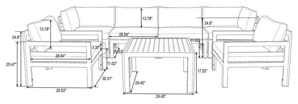 LeisureMod Chelsea 7-Piece Patio Sectional With Coffee Table, Light Gray