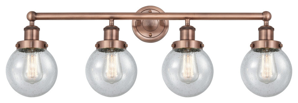 Small Beacon 4-Light 34" Bath Vanity Light, Antique Copper Finish, Seedy Shade