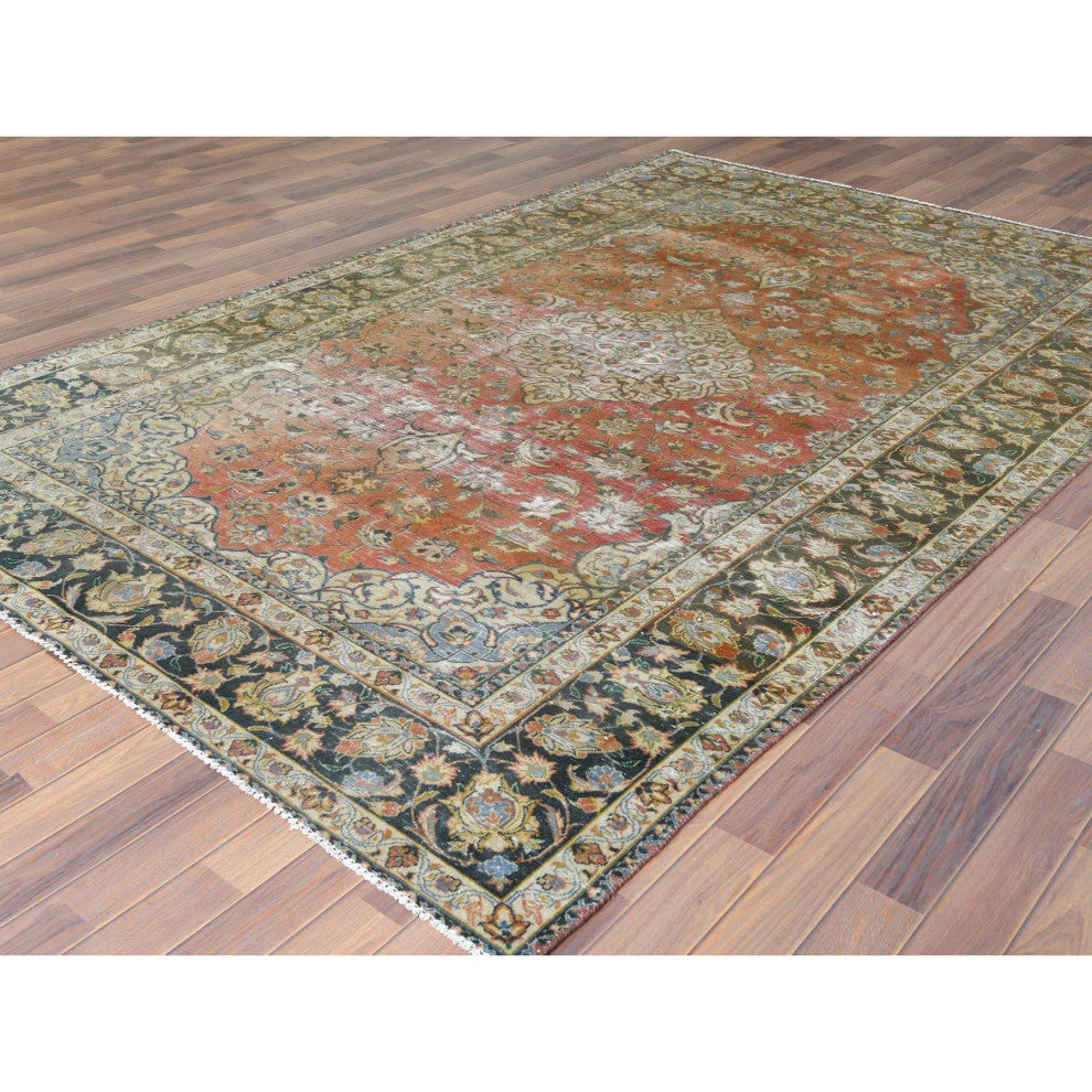 Apricot Color Worn Wool Hand Knotted Vintage Persian Kashan Rug 6'10" x 10'6"