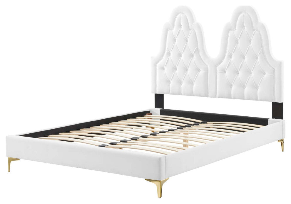 Tufted Platform Bed Frame, King Size, Velvet, White, Modern Contemporary