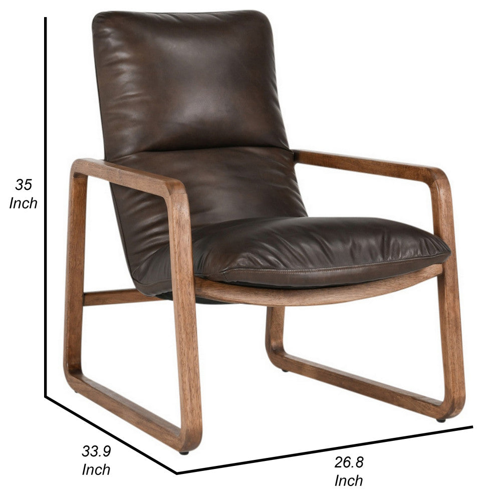 Benzara BM282995 Classic Accent Chair, Top Grain Leather, Rubberwood, Brown