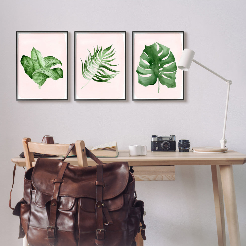Boho Palm Leaves over Pink Modern Tropical Plants,3pc, each 16 x 20