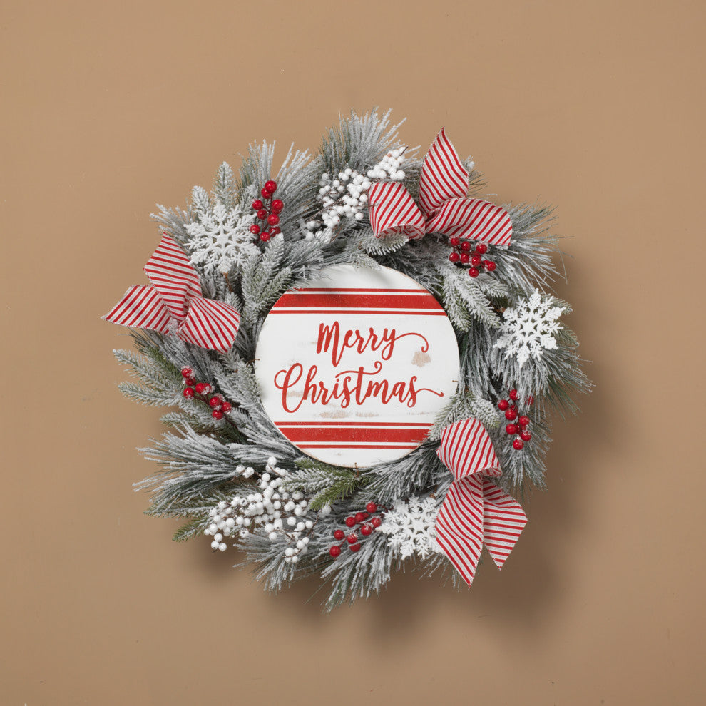 24" White Holiday Pine and Ornament Wreath With Berries and Sign