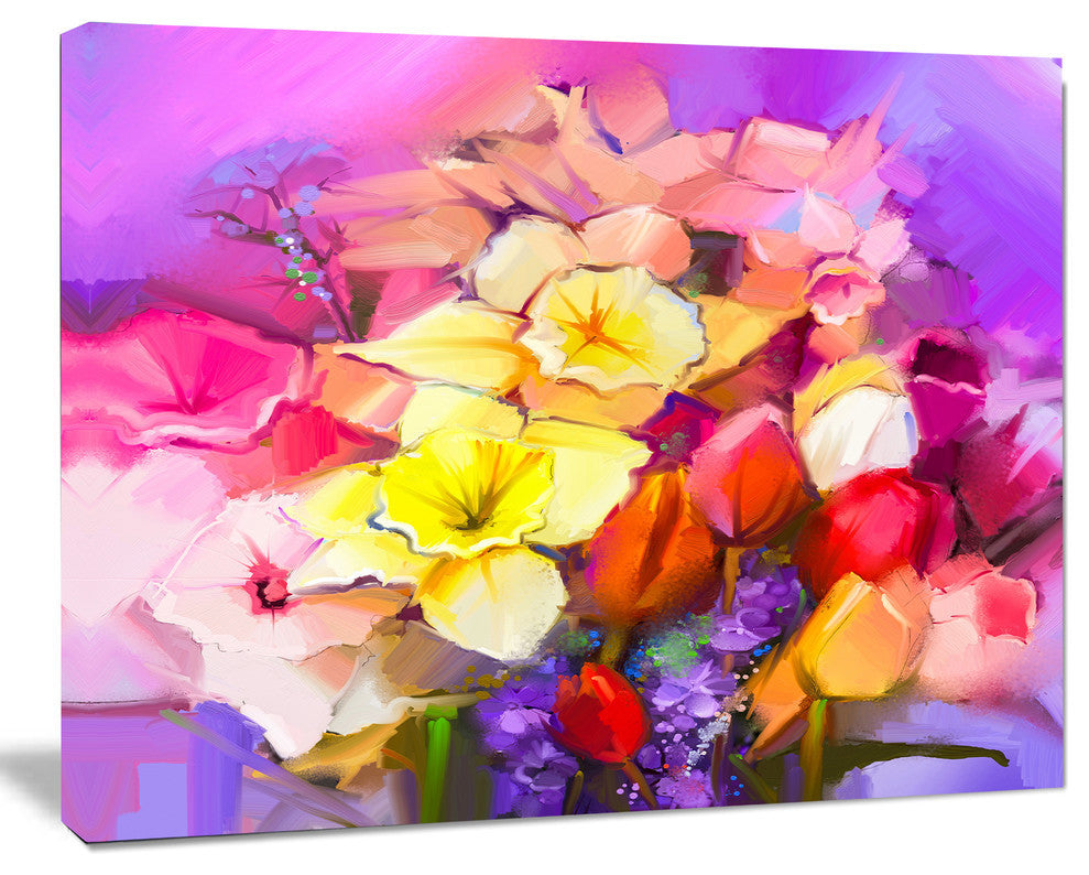 Bouquet of Daffodil and Tulip Flowers, Large Floral Canvas Art Print, 40"x30"