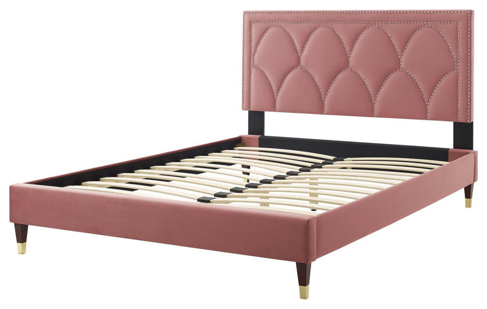 Platform Bed Frame, Nailhead, Queen Size, Pink, Velvet, Modern, Guest Suite