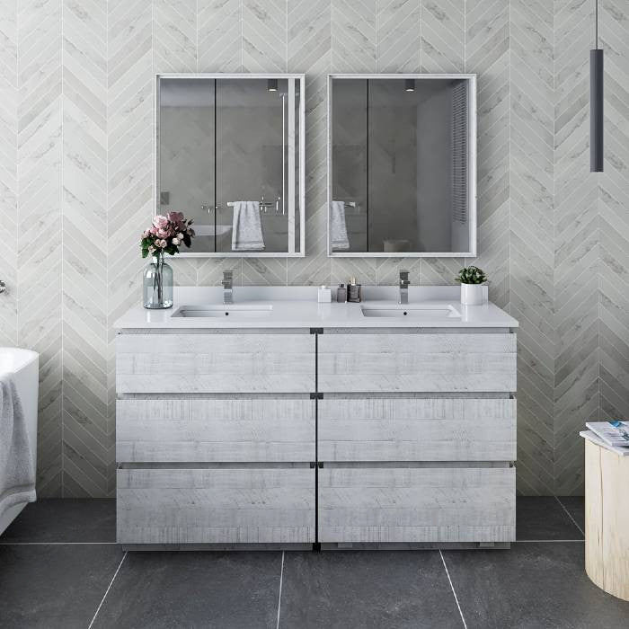 Fresca Formosa Modern 60" Rustic White Double Sink Vanity Set, Faucet Fft9131ch