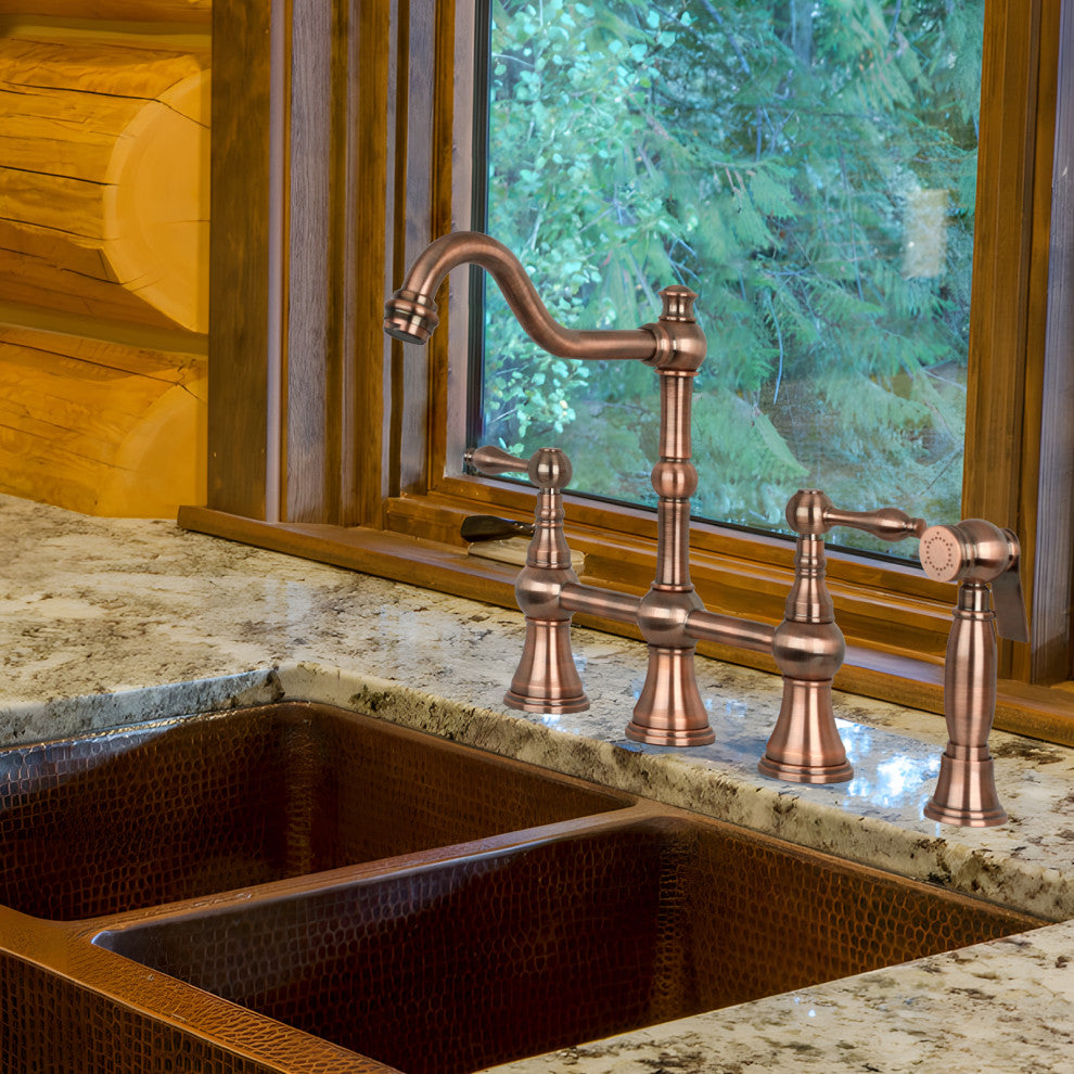 Two-Handles Copper Bridge Kitchen Faucet with Side Sprayer, Antique Copper