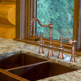 Two-Handles Copper Bridge Kitchen Faucet with Side Sprayer, Antique Copper