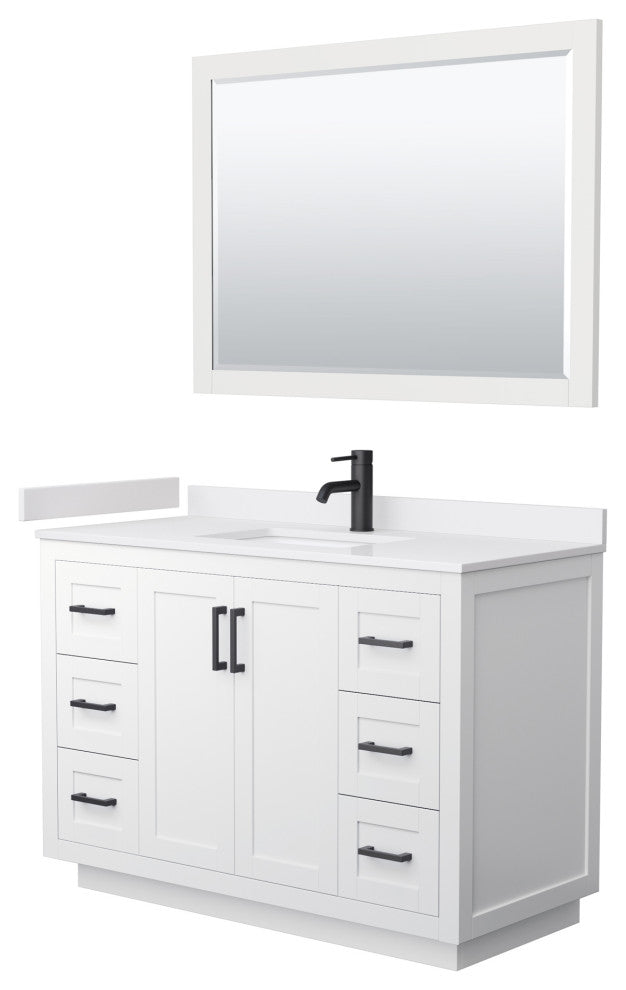 48"SGL Vanity White, White Cult. Marble Countertop, Sink, Black Trim, 46"Mirror