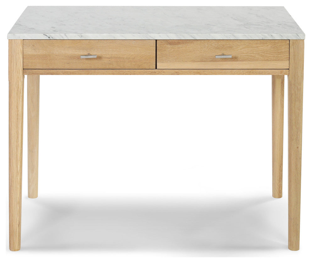 Meno 36" Rectangular Italian Carrara White Marble Console Table, Oak