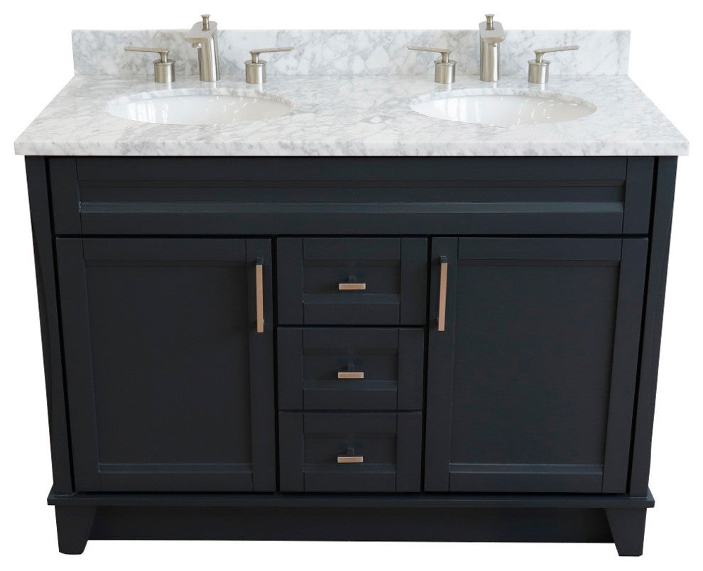 48" Double Sink Vanity, Dark Gray Finish With White Carrara Marble