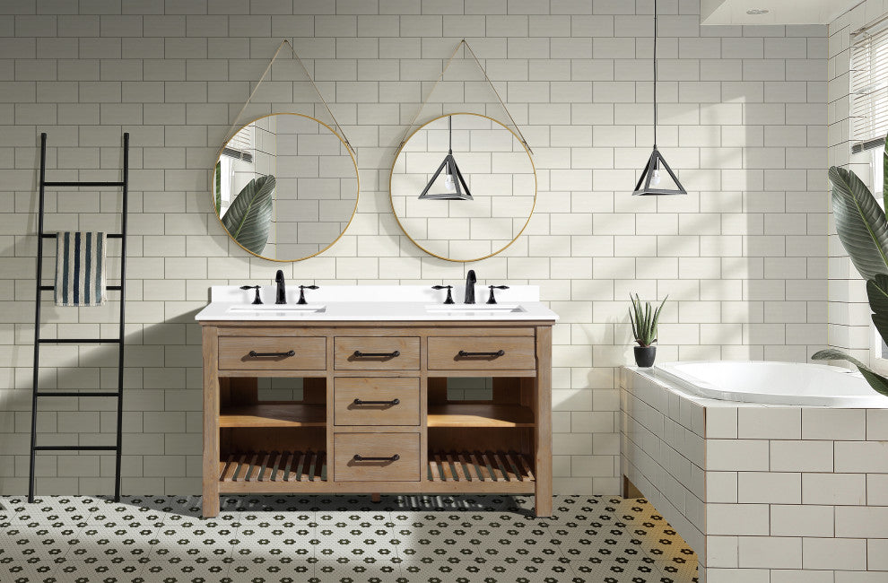Lauren 60" Bathroom Vanity, Weathered Fir Finish, White Engineered Stone Counter