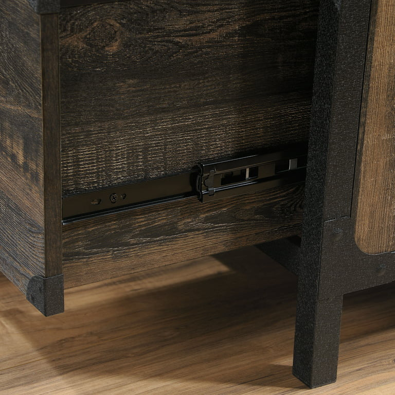 Farmhouse Desk, L-Shaped Design With Metal Base & Lower Drawers, Carbon Oak