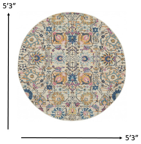 5' Orange And Ivory Round Floral Power Loom Area Rug