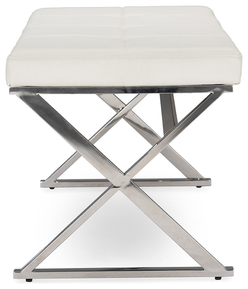 Herald Stainless Steel and White Faux Leather Upholstered Rectangle Bench