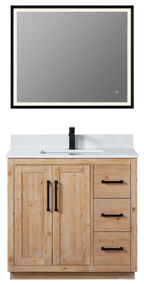 Cicero Vanity, Grain White Engineered Stone Countertop, Light Brown, 36", With Mirror