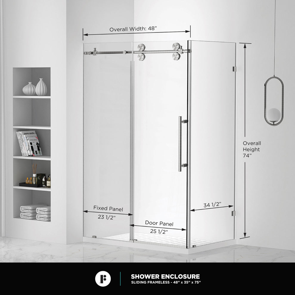 Frameless Shower Enclosure Sliding Shower Glass Door - Tempered Glass, Polished Chrome, 48"