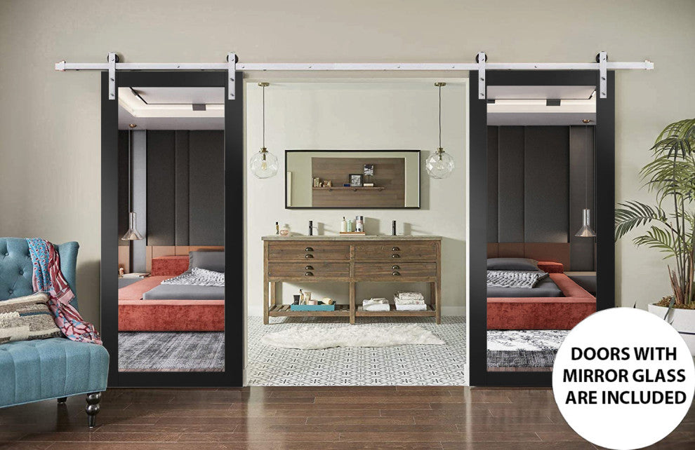 Double Barn Door 48 x 96, Lucia 1299 Matte Black & Mirror, Silver 13FT