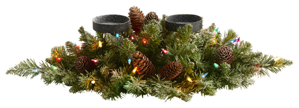 24ï¿½ Flocked Christmas Double Candelabrum / 35 Multi Lights and Pine Cones