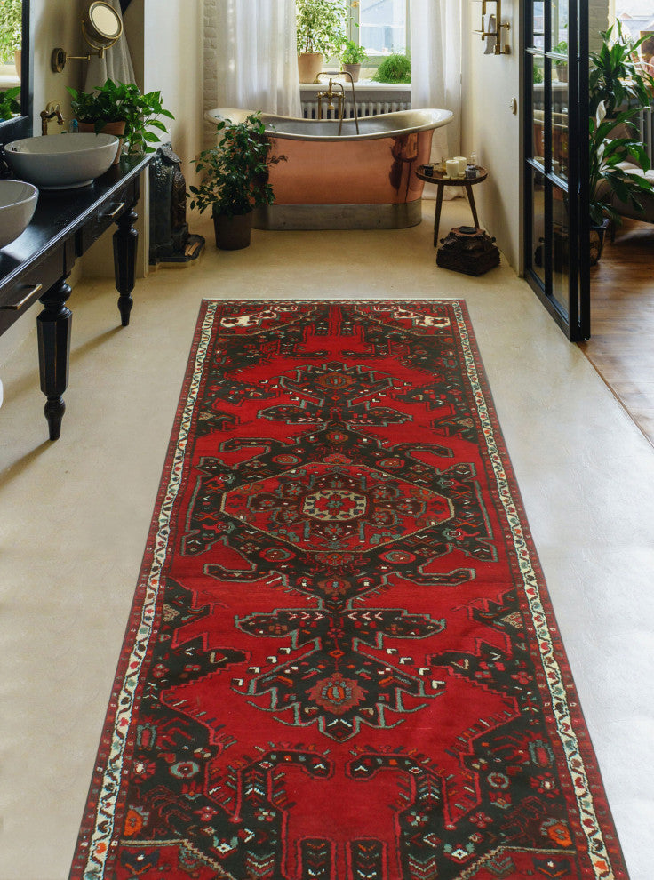 Fine Vintage Distressed Hengameh Red/Ivory Runner, 3'5x10'2