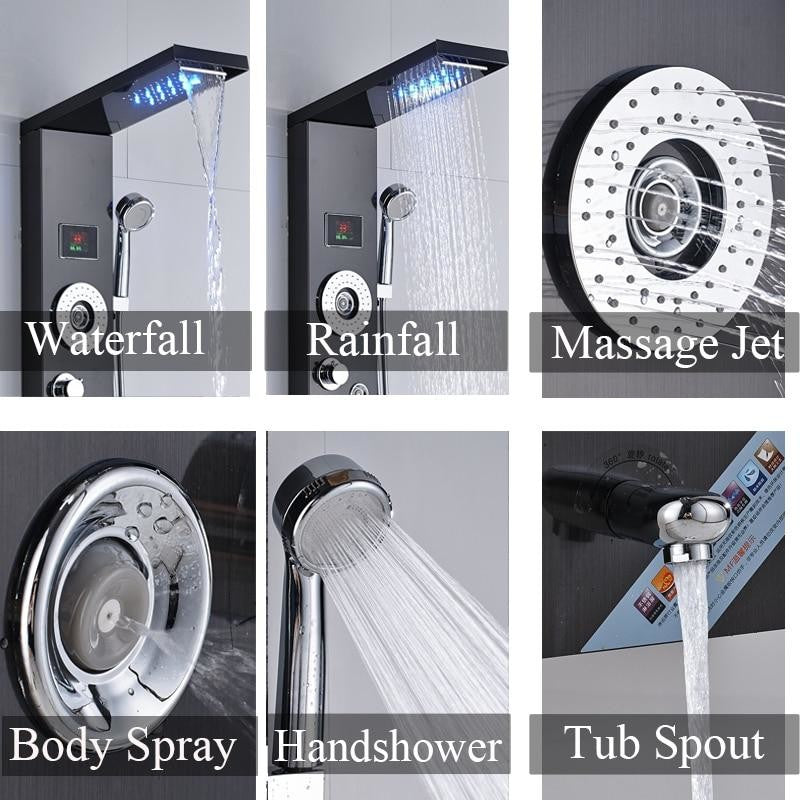 Stainless Steel LED Shower Panel With Massage Jets Waterfall Rainfall