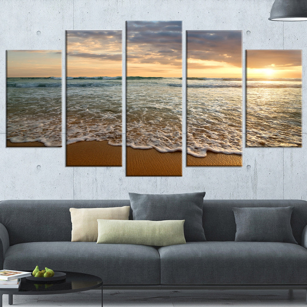 "Bright Cloudy Sunset in Calm Ocean" Seascape Wall Art, 5 Panels, 60"x32"