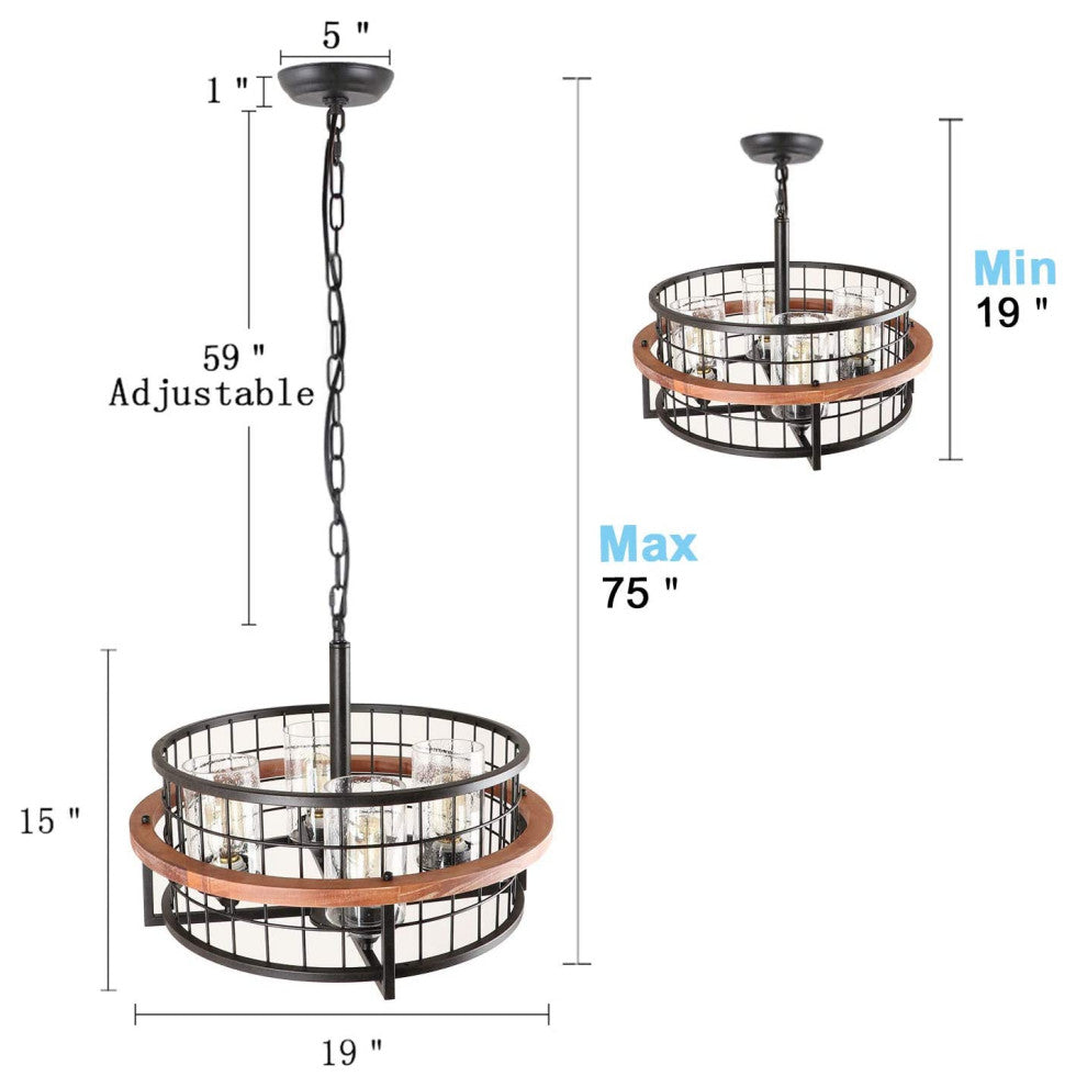 4 Light Industrial Chandelier Rust Drum Black Hanging Pendant
