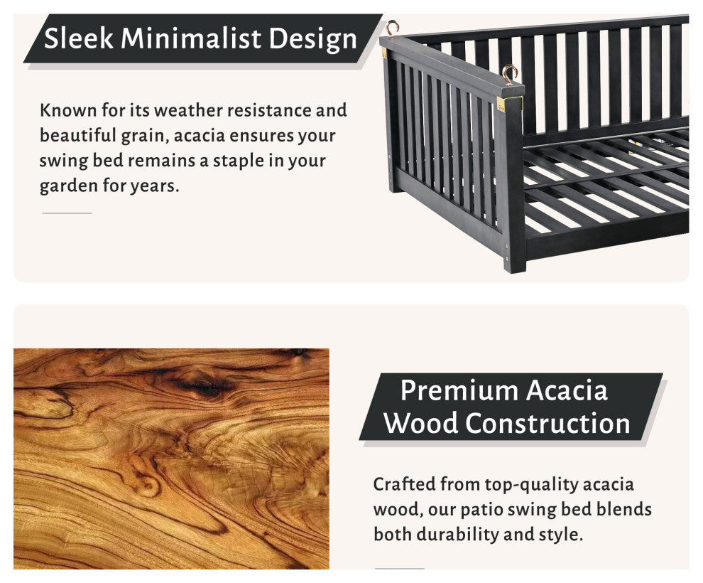 GDF Studio Acacia Wood Twin Size Garden Porch Swing Bed, Black