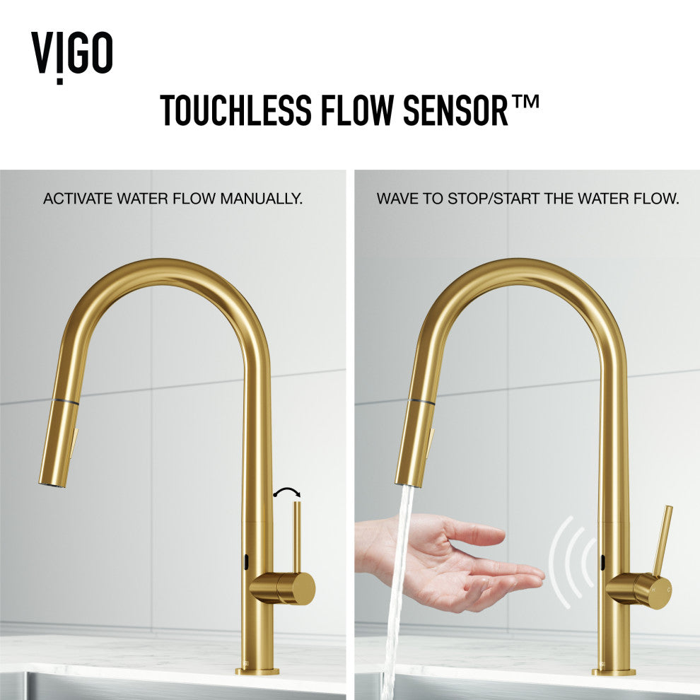 VIGO Greenwich 18" H Single Handle Pull-Down Sprayer Kitchen Faucet, Matte Brushed Gold, Touchless, Without Extras