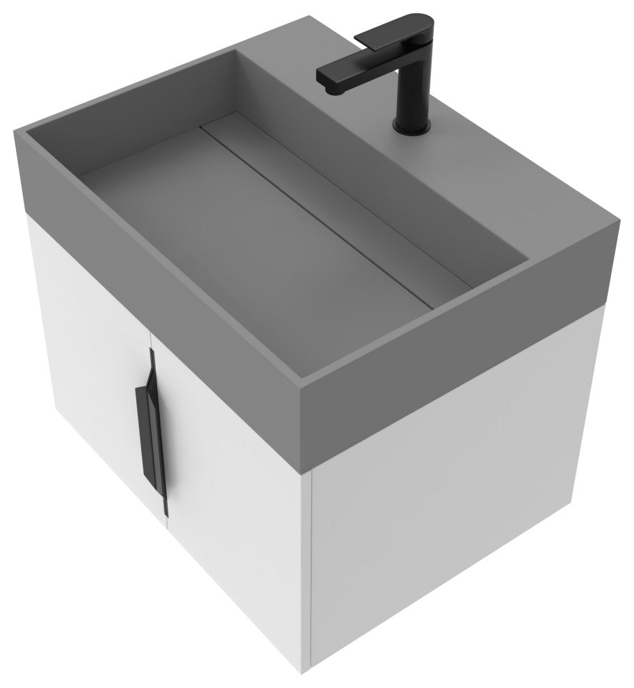 CastelloUSA Amazon 24" Wall Mounted Bathroom Vanity Set, White, Gray Top, Black Handles