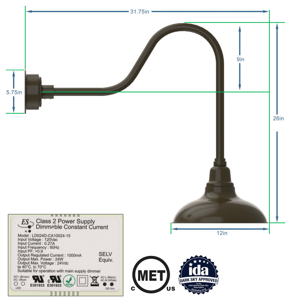 12in. Mahogany Bronze Gooseneck Barn Light with Sleek Arm