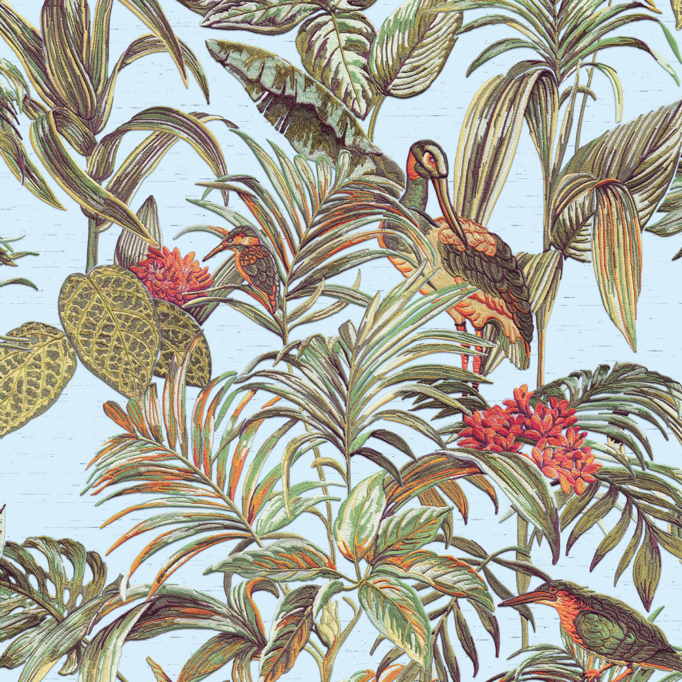 Textured Wallpaper, Birds Plants, Beige Brown Cream Green, Sample