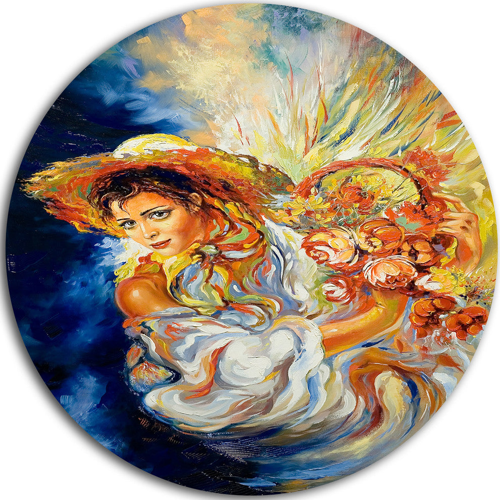 Girl With Flowers, Floral Round Metal Wall Art, 23"