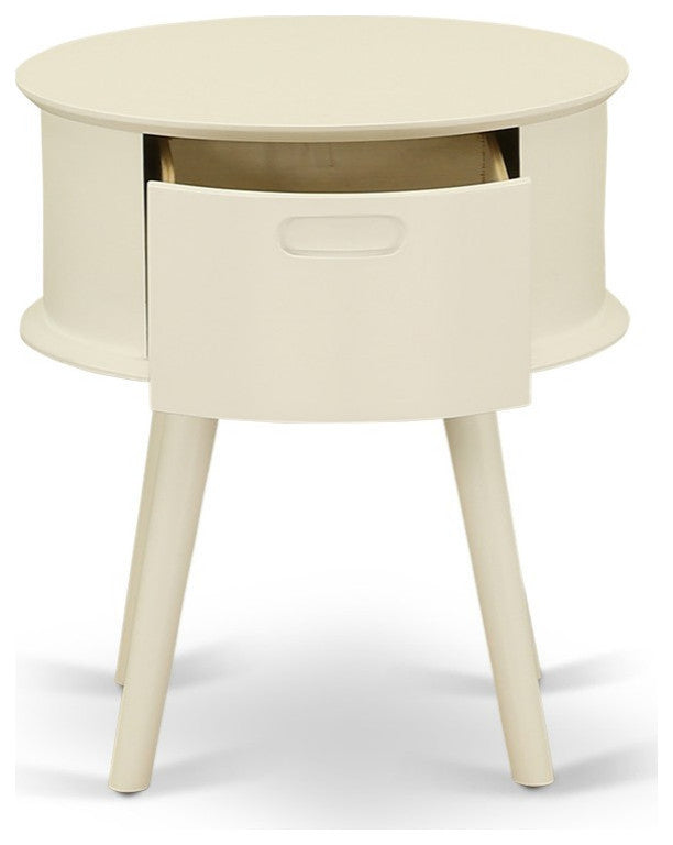 Gordon Round Night Stand End Table With Drawer, White Finish