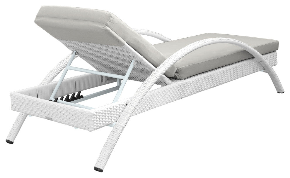 Aloha Adjustable Patio Chaise Lounge Chair, White Wicker and Grey Cushions