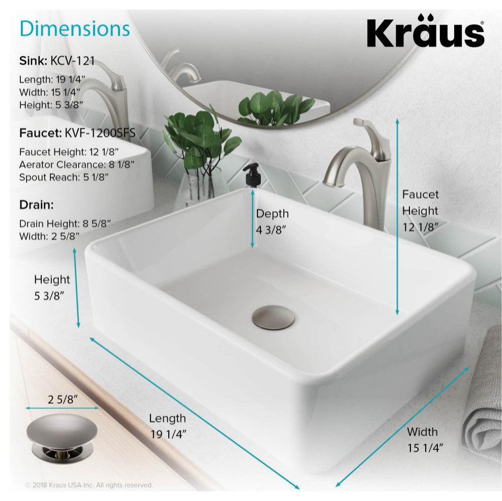 Elavo Rectangle Ceramic Vessel Sink, Bathroom Arlo Faucet, Drain, SFS Stainless