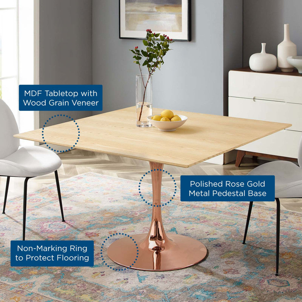 Dining Table, Square, Wood, Rose Gold Brown Natural, Modern, Bistro Restaurant